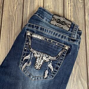 Grace In LA Women Jeans Steer Head Embroidered Stretch Flare 30 Cowgirl EL61607